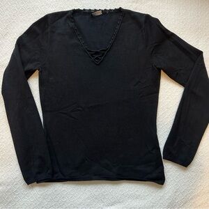 Tahari Black V-Neck Sweater with Lace Detail